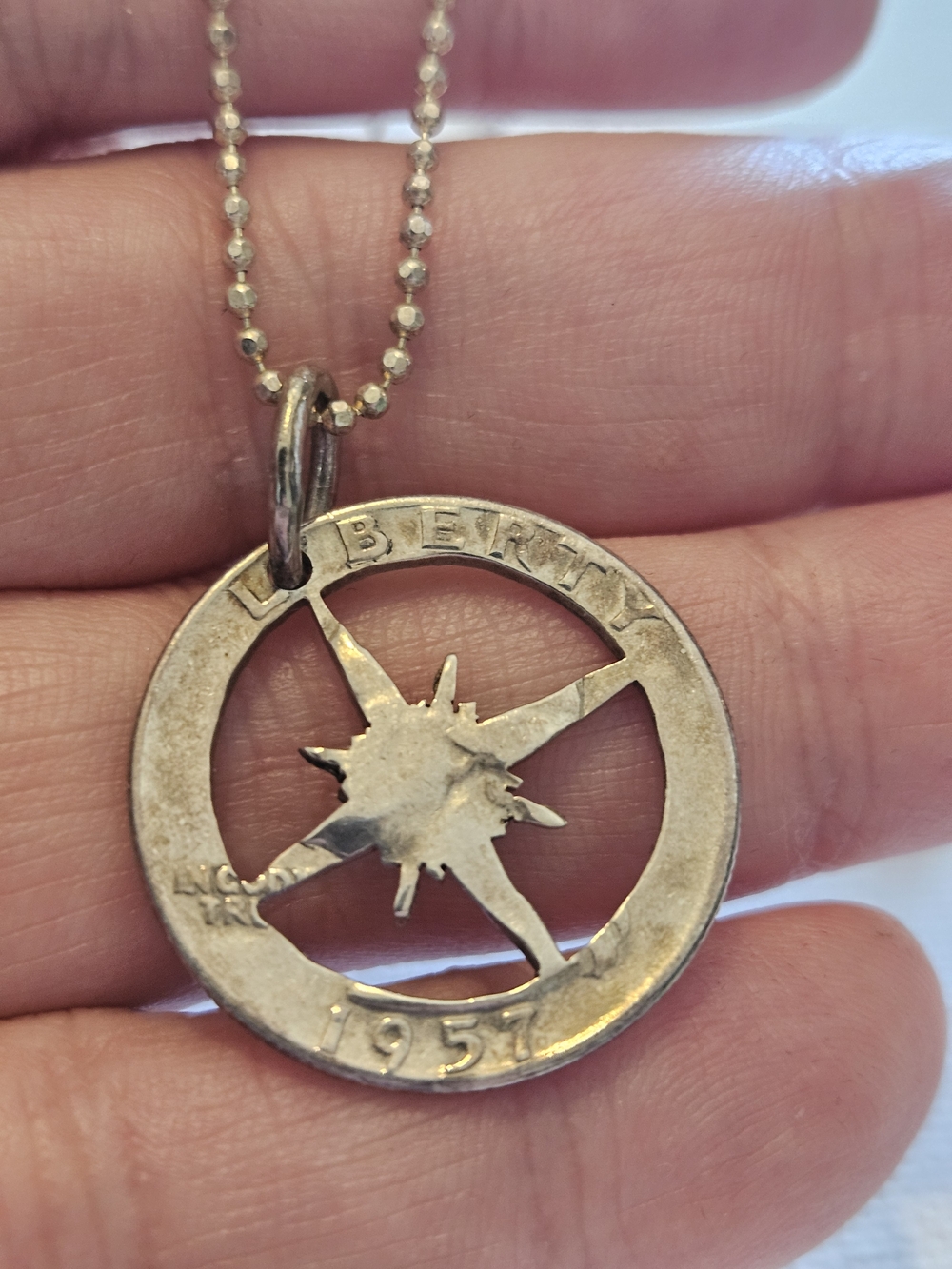 Sterling Silver 1957 Liberty Coin Star Cutout Pendant Necklace - Silver